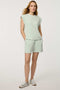 Women’s lightweight scuba tee in Green with cap sleeves and relaxed structured silhouette.