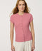 Woman wearing fitted Ribbed Button-Down Tee with short sleeves and full front button closure.