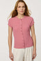 Woman wearing fitted Ribbed Button-Down Tee with short sleeves and full front button closure.
