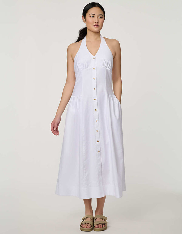 Women’s bright white stretch linen halter midi dress with button front and flowy skirt.