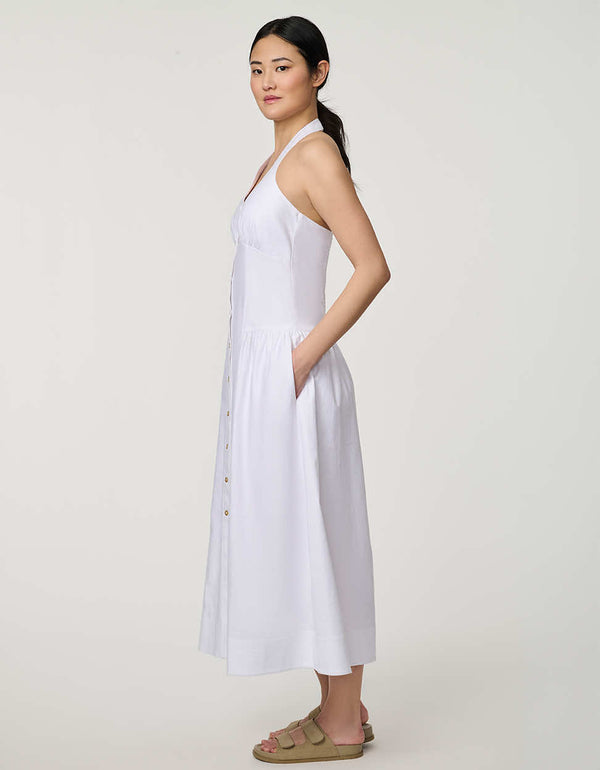 Women’s bright white stretch linen halter midi dress with button front and flowy skirt.