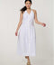 Women’s bright white stretch linen halter midi dress with button front and flowy skirt.