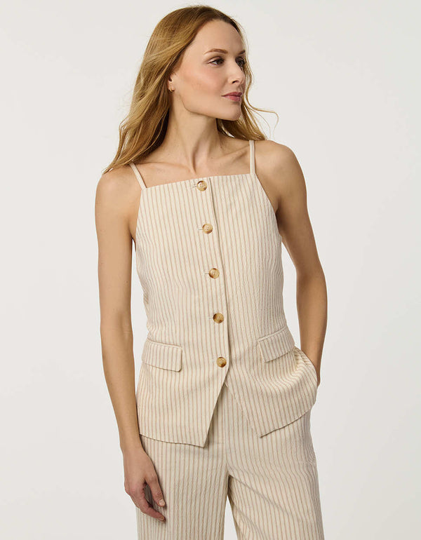 Women’s lightweight striped button-front seersucker waistcoat with adjustable back tie detail