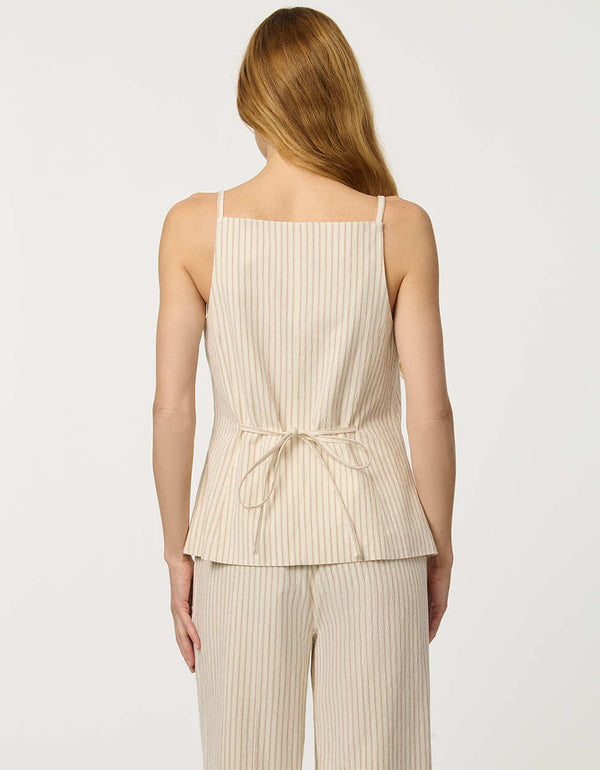 Women’s lightweight striped button-front seersucker waistcoat with adjustable back tie detail