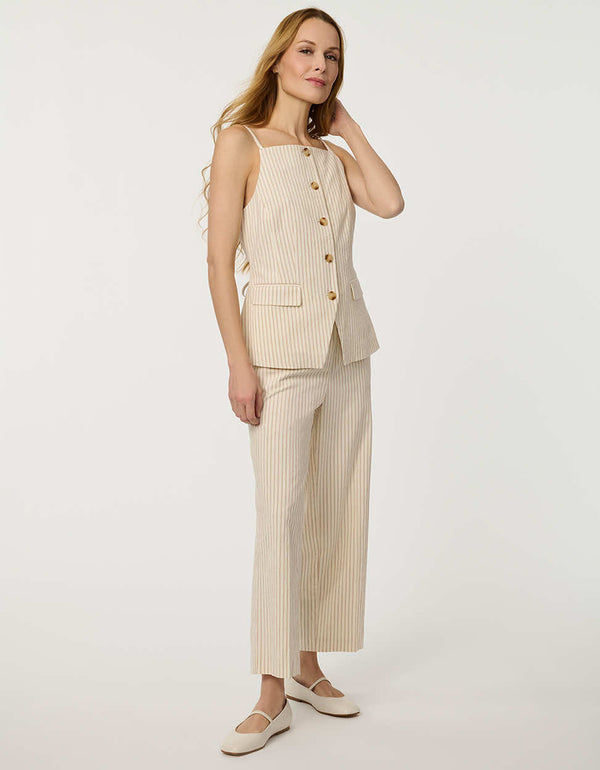 Women’s lightweight striped button-front seersucker waistcoat with adjustable back tie detail