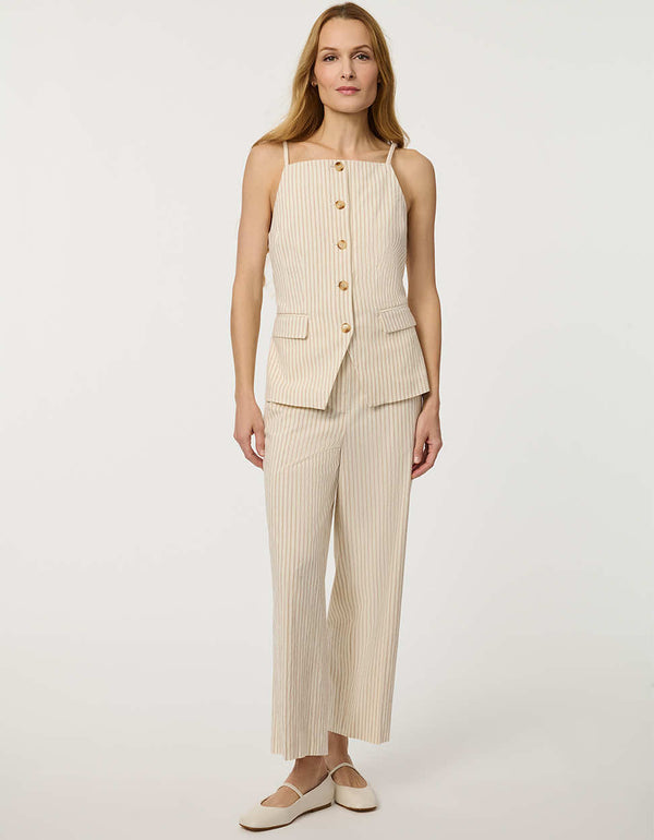 Women’s lightweight striped button-front seersucker waistcoat with adjustable back tie detail