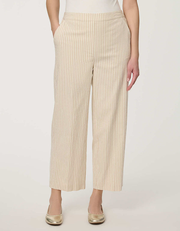 Women’s striped seersucker cropped pants with relaxed wide-leg silhouette