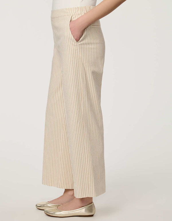 Women’s striped seersucker cropped pants with relaxed wide-leg silhouette
