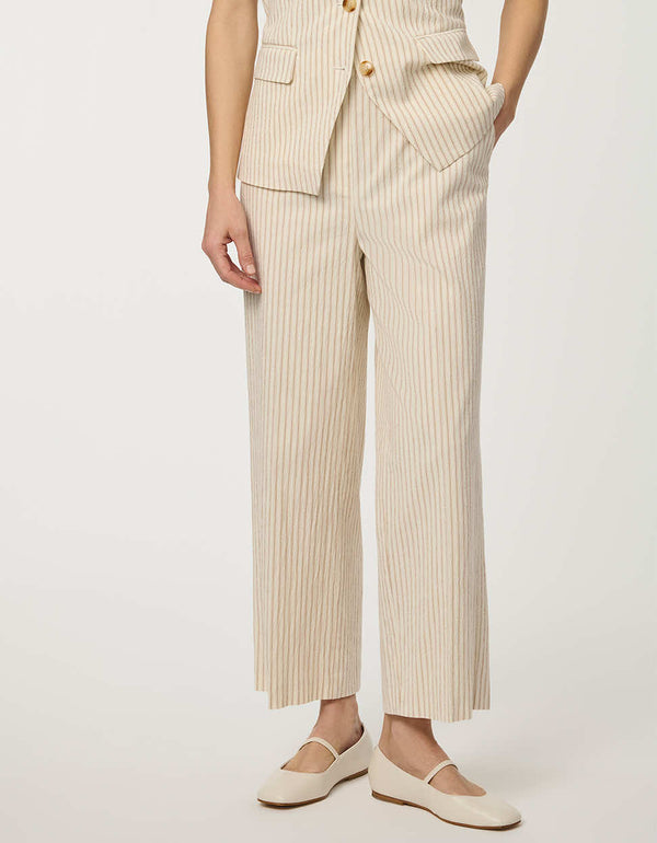 Women’s striped seersucker cropped pants with relaxed wide-leg silhouette