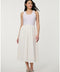 Women’s bright white eyelet midi dress with fitted perforated knit bodice and flowy A-line skirt.