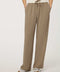 Woman wearing a pull-on wide leg trouser with side stripe in taupe, featuring elastic drawstring waistband and relaxed fit.