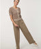 Woman wearing short-sleeve Basketweave Knit Cardigan with textured knit pattern and contrast trim detailing.