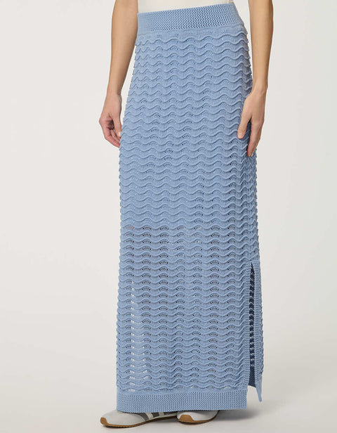 Women's Wave knit maxi skirt in Blue with textured open-knit pattern and side slit.