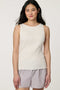 Women’s Bright White ribbed boatneck knit tank with sleeveless fitted design.