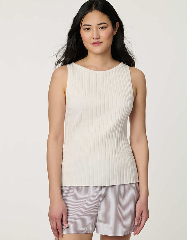 Women’s Bright White ribbed boatneck knit tank with sleeveless fitted design.