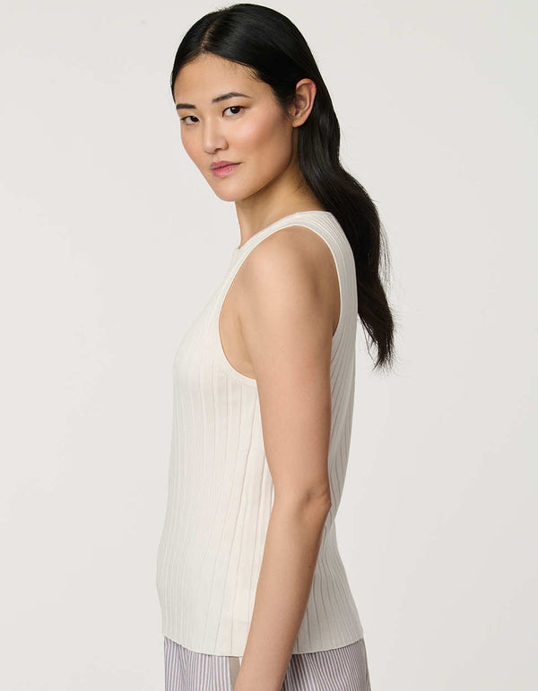 Women’s Bright White ribbed boatneck knit tank with sleeveless fitted design.