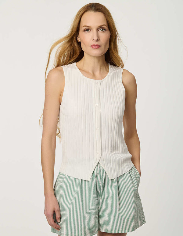 Women’s Bright White ribbed knit sleeveless top with button-front detail and fitted silhouette.