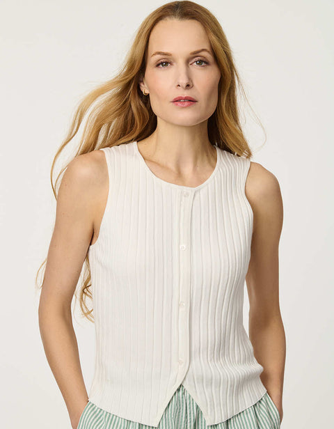 Women’s Bright White ribbed knit sleeveless top with button-front detail and fitted silhouette.