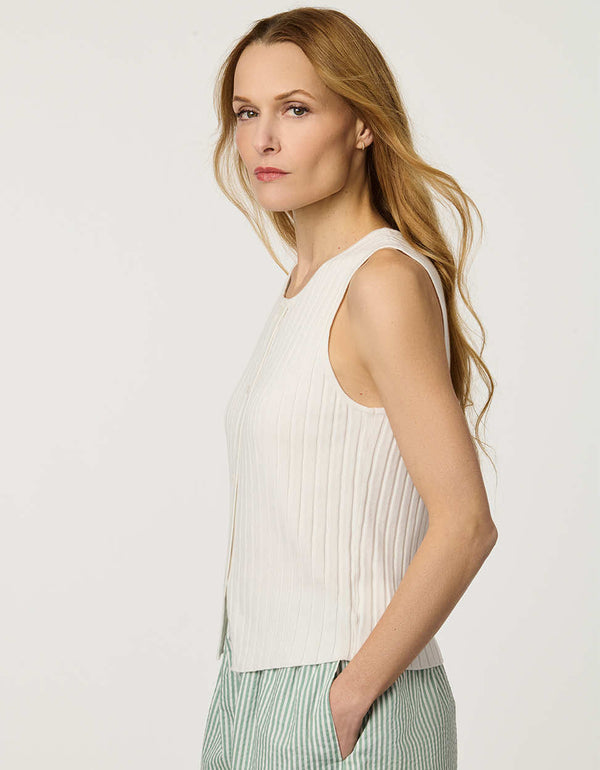 Women’s Bright White ribbed knit sleeveless top with button-front detail and fitted silhouette.