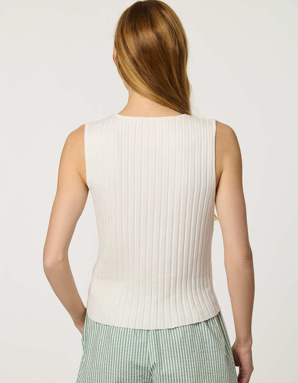 Women’s Bright White ribbed knit sleeveless top with button-front detail and fitted silhouette.