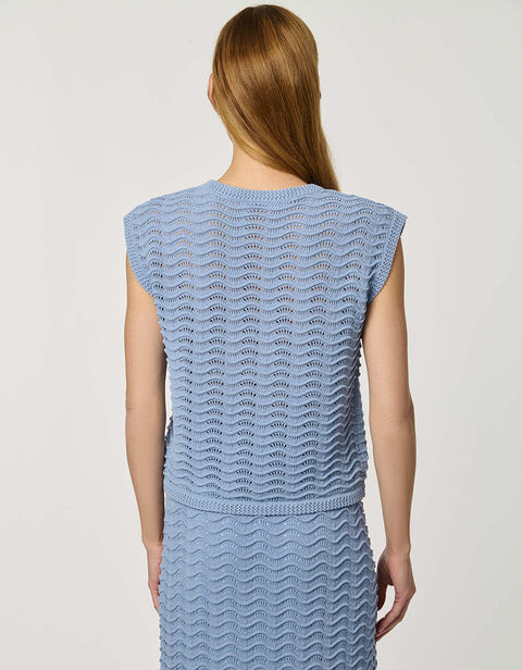 Women’s sleeveless wave knit top in blue with textured open-knit pattern.