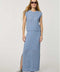 Women’s sleeveless wave knit top in blue with textured open-knit pattern.