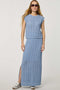 Women’s sleeveless wave knit top in blue with textured open-knit pattern.