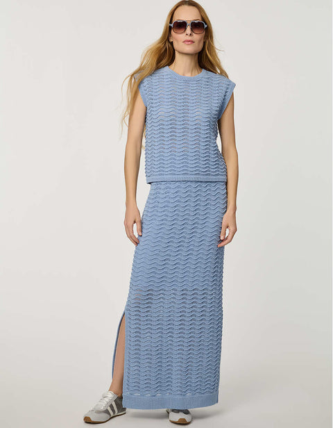 Women’s sleeveless wave knit top in blue with textured open-knit pattern.