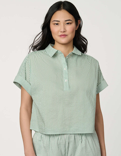 Women’s Silt Green and Bright White striped poplin popover top with short sleeves and relaxed fit.