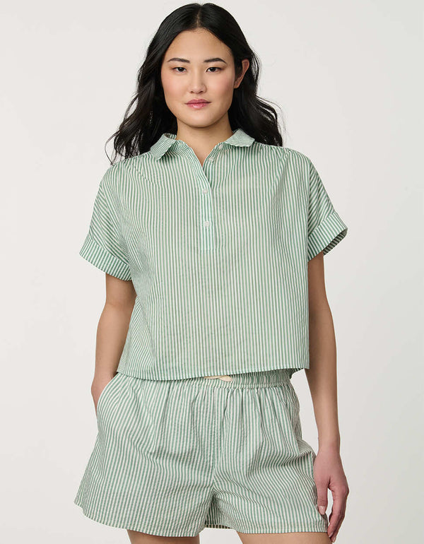 Women’s Silt Green and Bright White striped poplin popover top with short sleeves and relaxed fit.