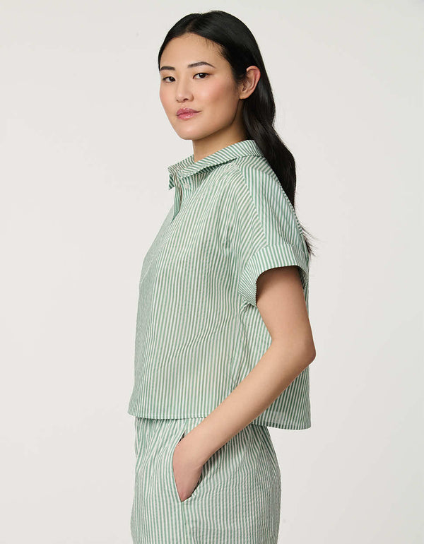 Women’s Silt Green and Bright White striped poplin popover top with short sleeves and relaxed fit.