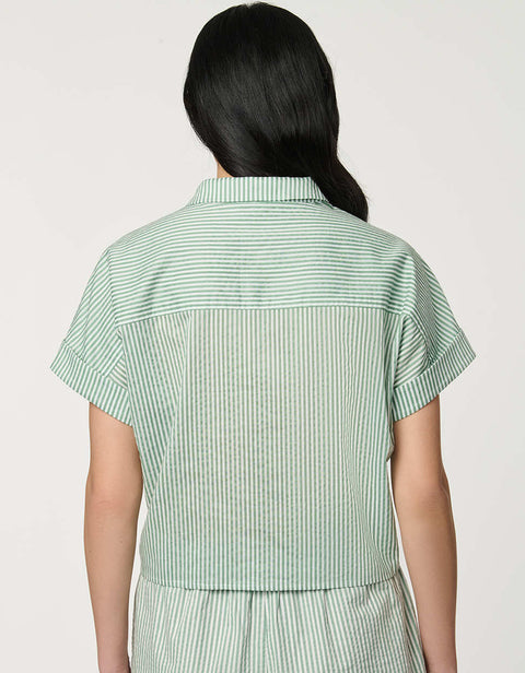 Women’s Silt Green and Bright White striped poplin popover top with short sleeves and relaxed fit.