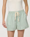 Women’s Silt Green and Bright White striped poplin boxer short with elastic drawstring waistband.