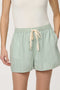 Women’s Silt Green and Bright White striped poplin boxer short with elastic drawstring waistband.