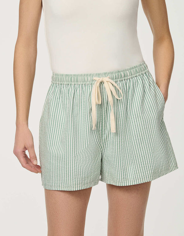 Women’s Silt Green and Bright White striped poplin boxer short with elastic drawstring waistband.