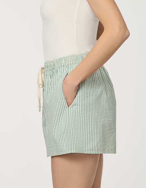 Women’s Silt Green and Bright White striped poplin boxer short with elastic drawstring waistband.