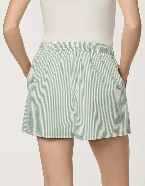 Women’s Silt Green and Bright White striped poplin boxer short with elastic drawstring waistband.