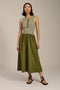 Woman wearing striped sleeveless midi dress with knit bodice and full poplin skirt.
