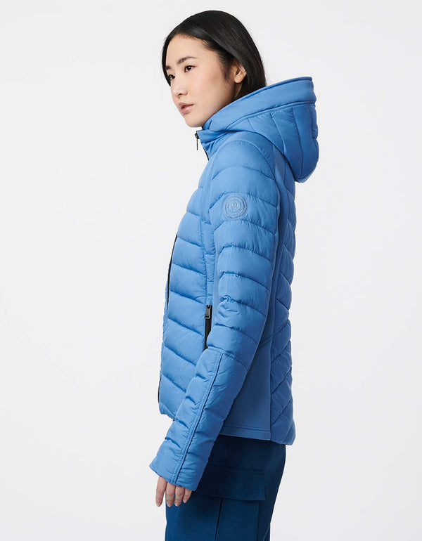 slim fit hip length packable blue puffer jacket perfect for womens adventures