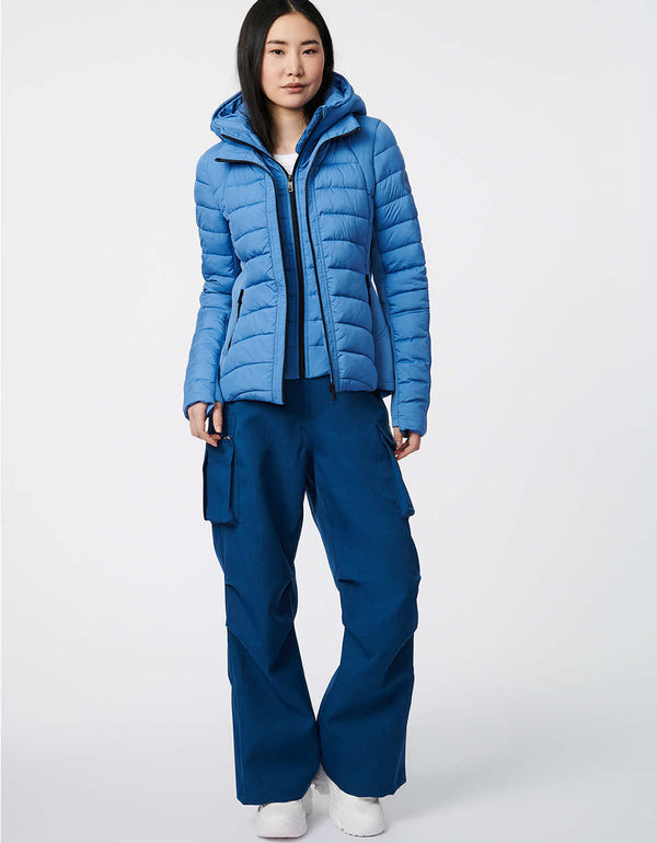 blue double puffer with zip off vest ideal for womens outdoor wear