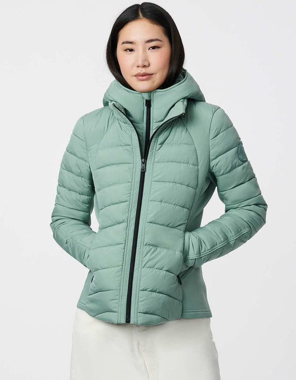 stylish sustainable filler puffer jacket in misty green essential for womens spring