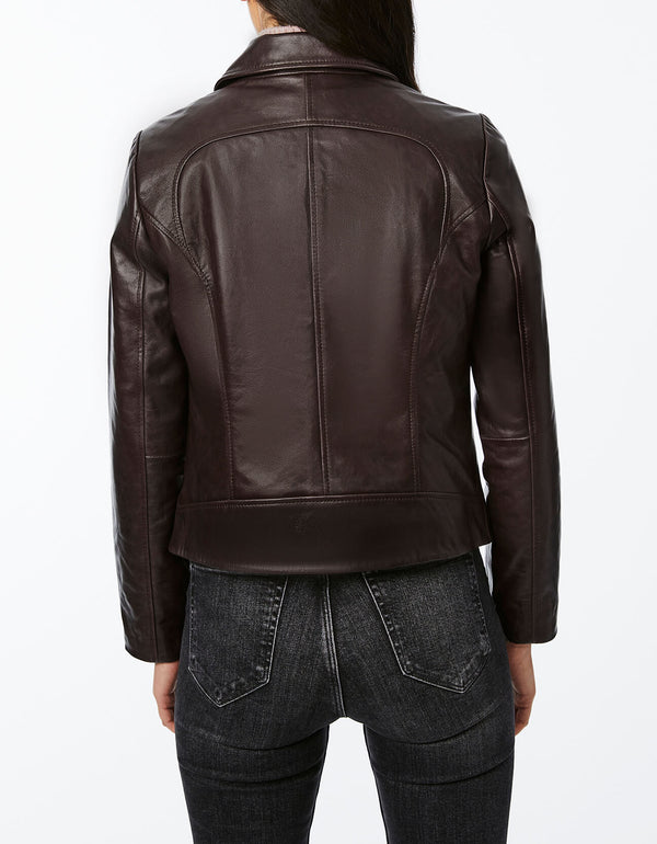 edgy brown leather jacket with classic fit for american women with a slim fit design