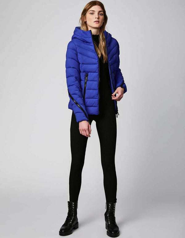 eco friendly blue funnel outerwear with extended zippers on pockets and sleeves for canadian women