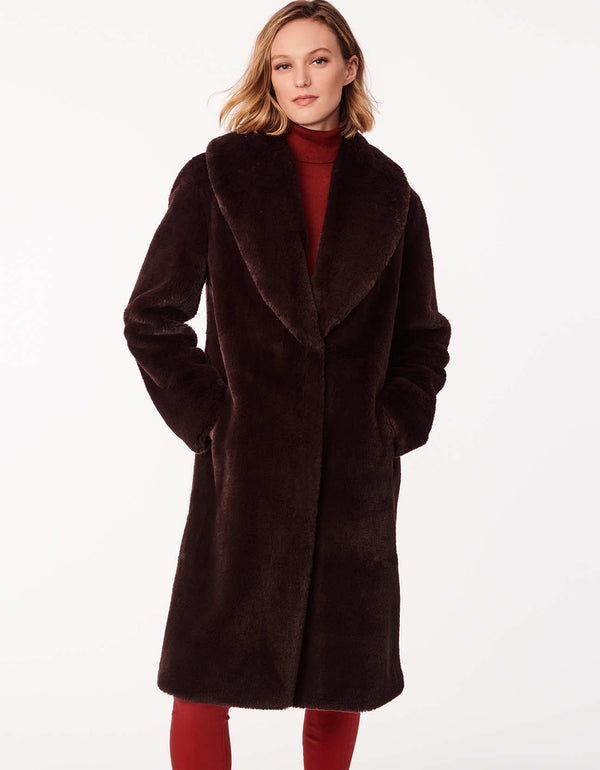 womens cherry wood faux fur coat with soft luxurious texture deep side pockets and a wide lapel collar for style