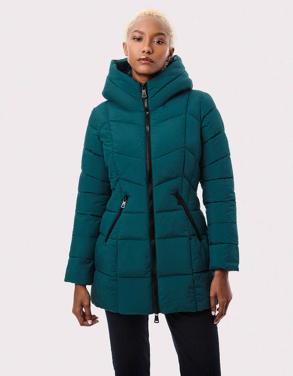 blue green padded jacket for chic women with spacious zipper pockets and wide funnel collar