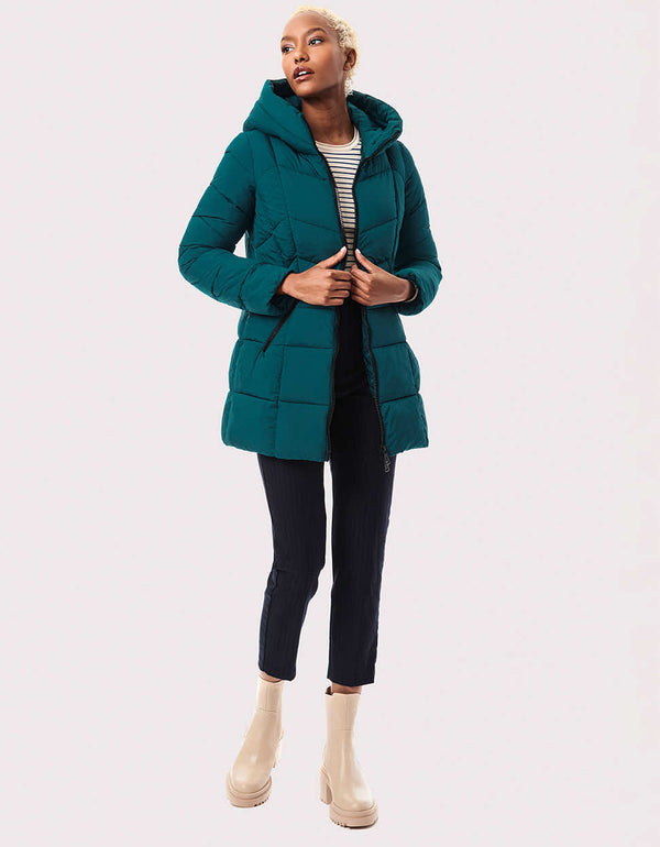 womens comfortable blue quilted puffer outerwear with slim fit and ecoplume sustainable filler
