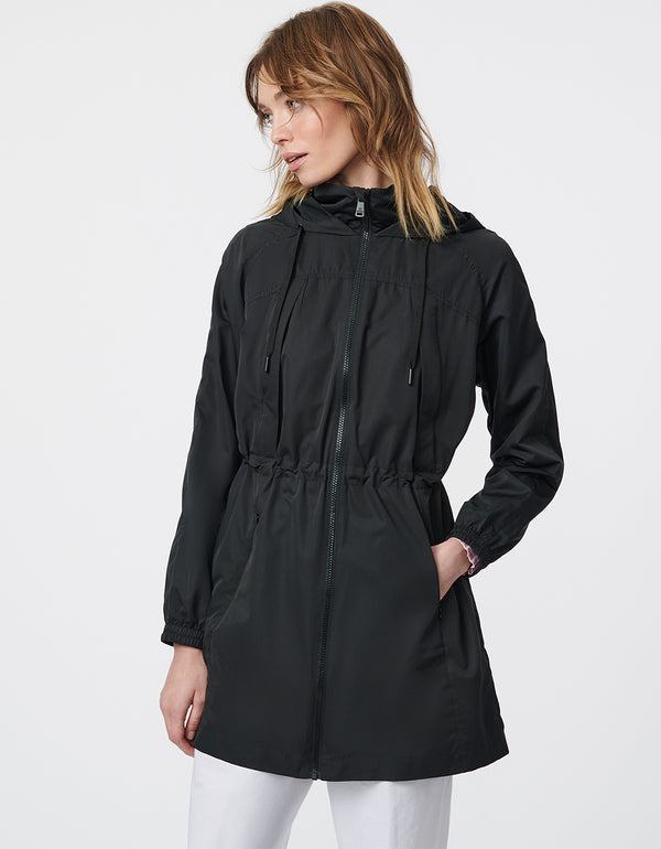 hooded rain jacket for women in black crafted with sustainable filler ideal for city escapades