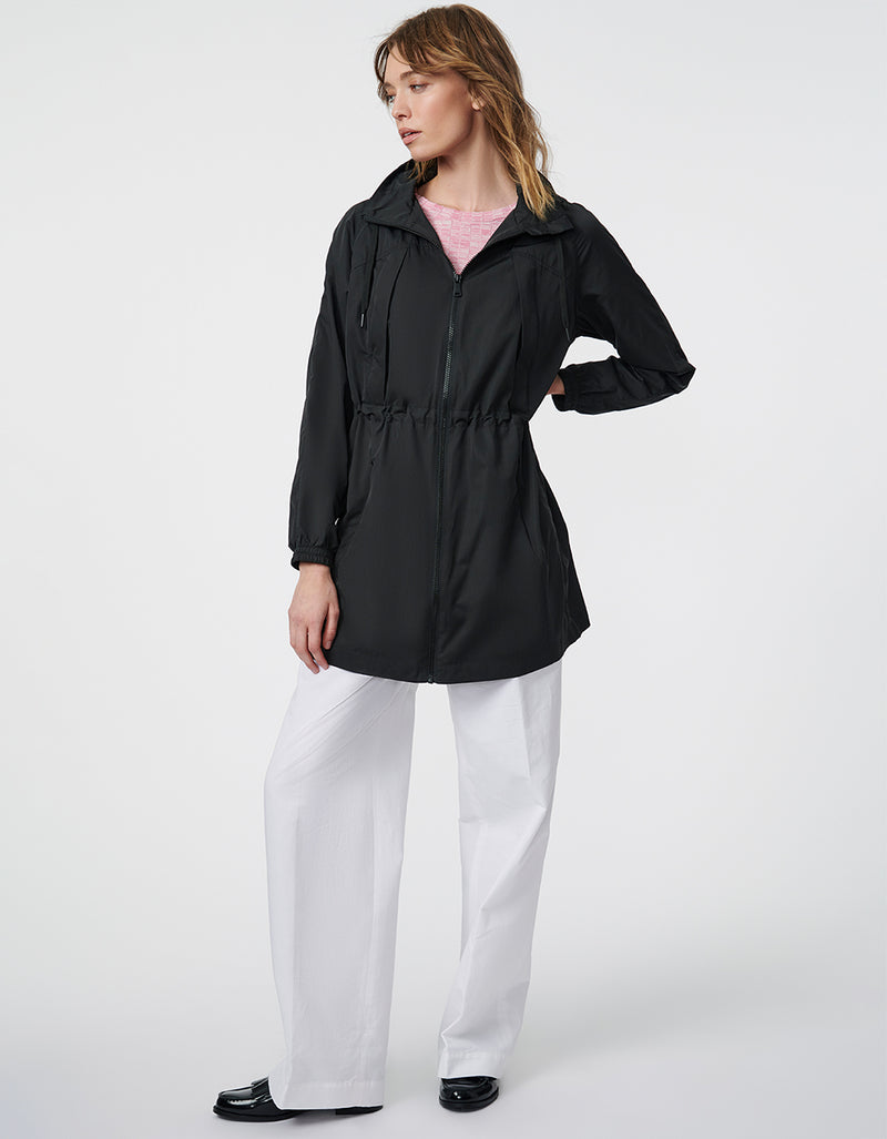 hooded rain jacket for women in black crafted with sustainable filler ideal for city escapades