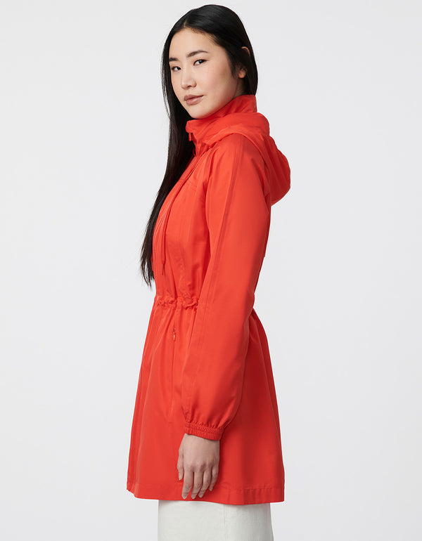 womens lightweight hooded rain jacket in red with cinchable waist chic crafted in eco friendly materials