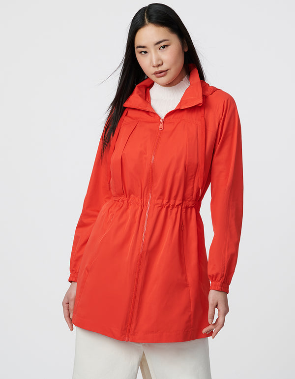 casual style mid length rain jacket in poppy red perfect for urban adventurers